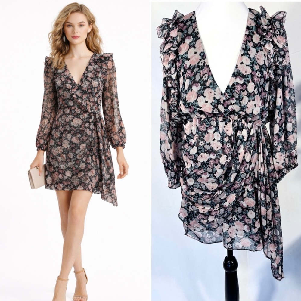 Saylor Mychal Floral Mini Dress Ruffle Shoulder Draped Hem Waist Sash Size S🧡